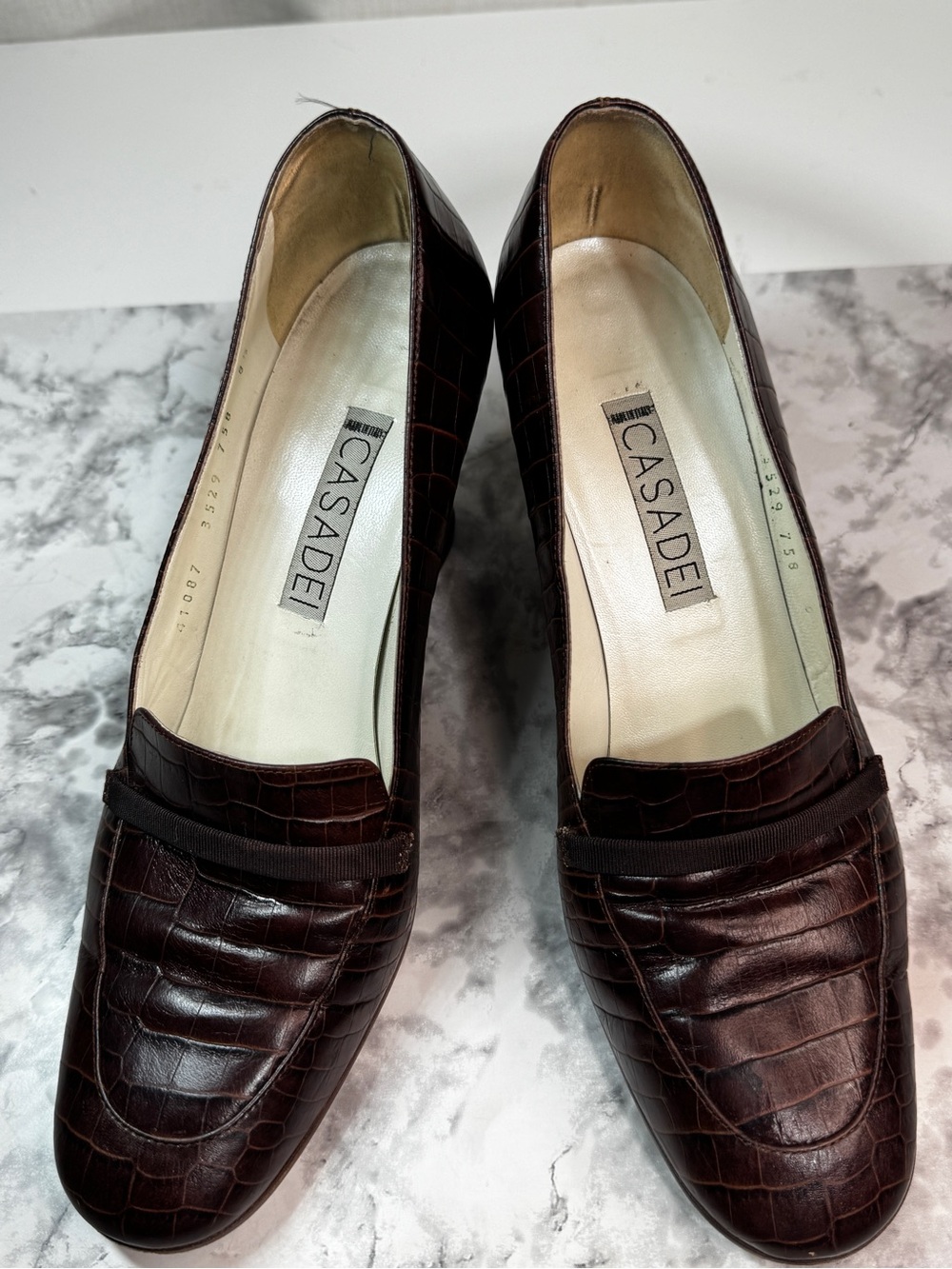 Casadei Brown Croc-Embossed Leather Square Toe Pumps Slip-On Women US 8.5